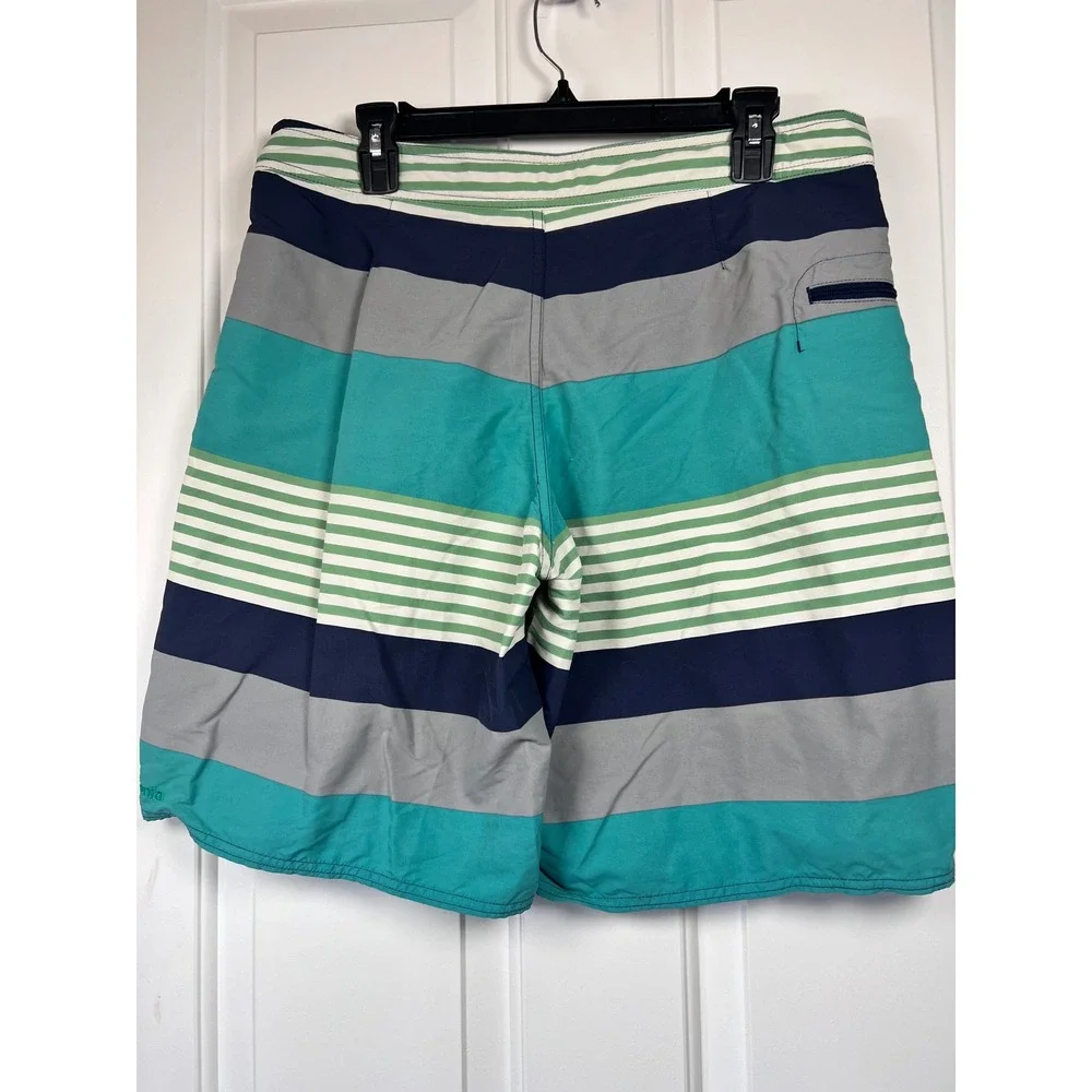 Patagonia Mens Striped Board Shorts Teal Navy Grey Swim Trunks Size 33 Inseam 9.